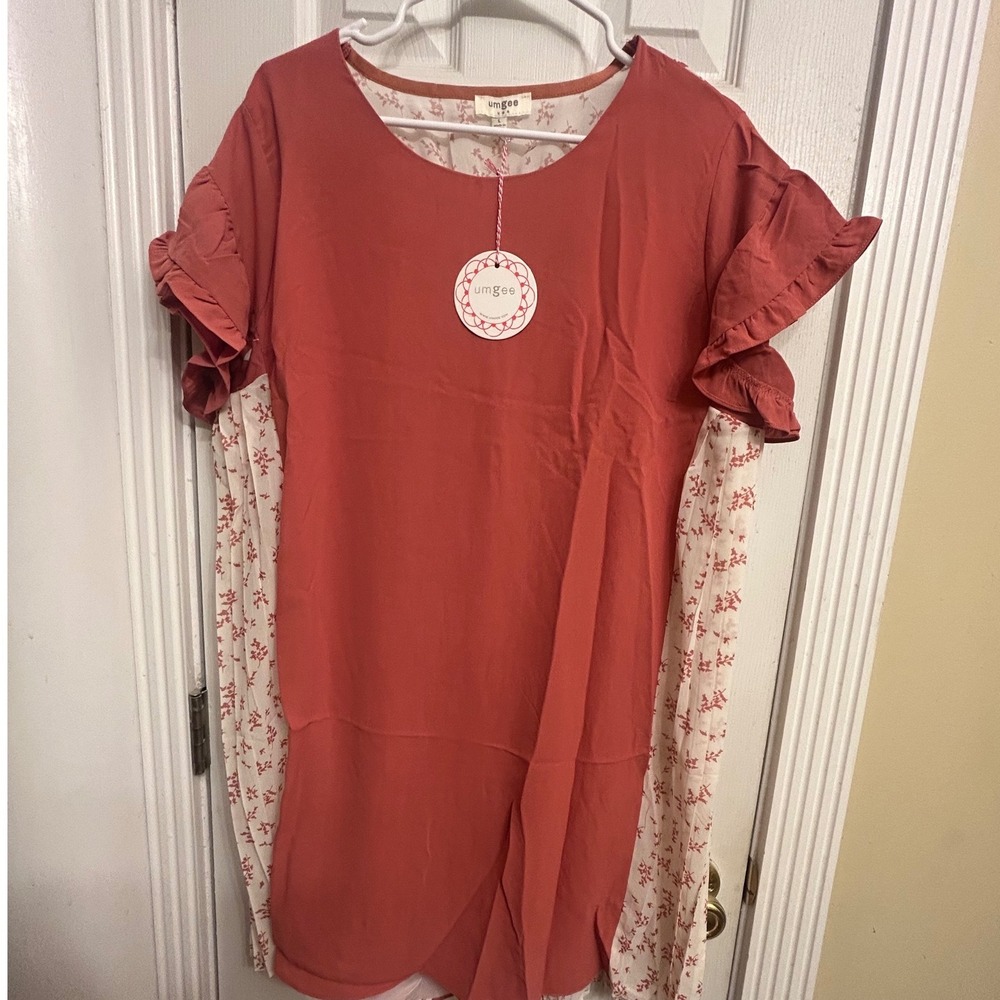 Umgee USA Floral Pleated Back Ruffle Sleeve Dress Rust Orange Large NWT